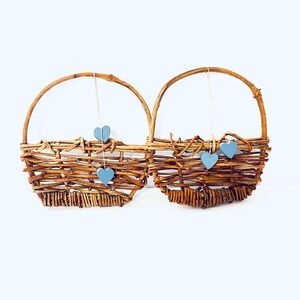 Cottagecore Wicker Wall Baskets with Blue Heart Decor Whimsical‎ Set of 2